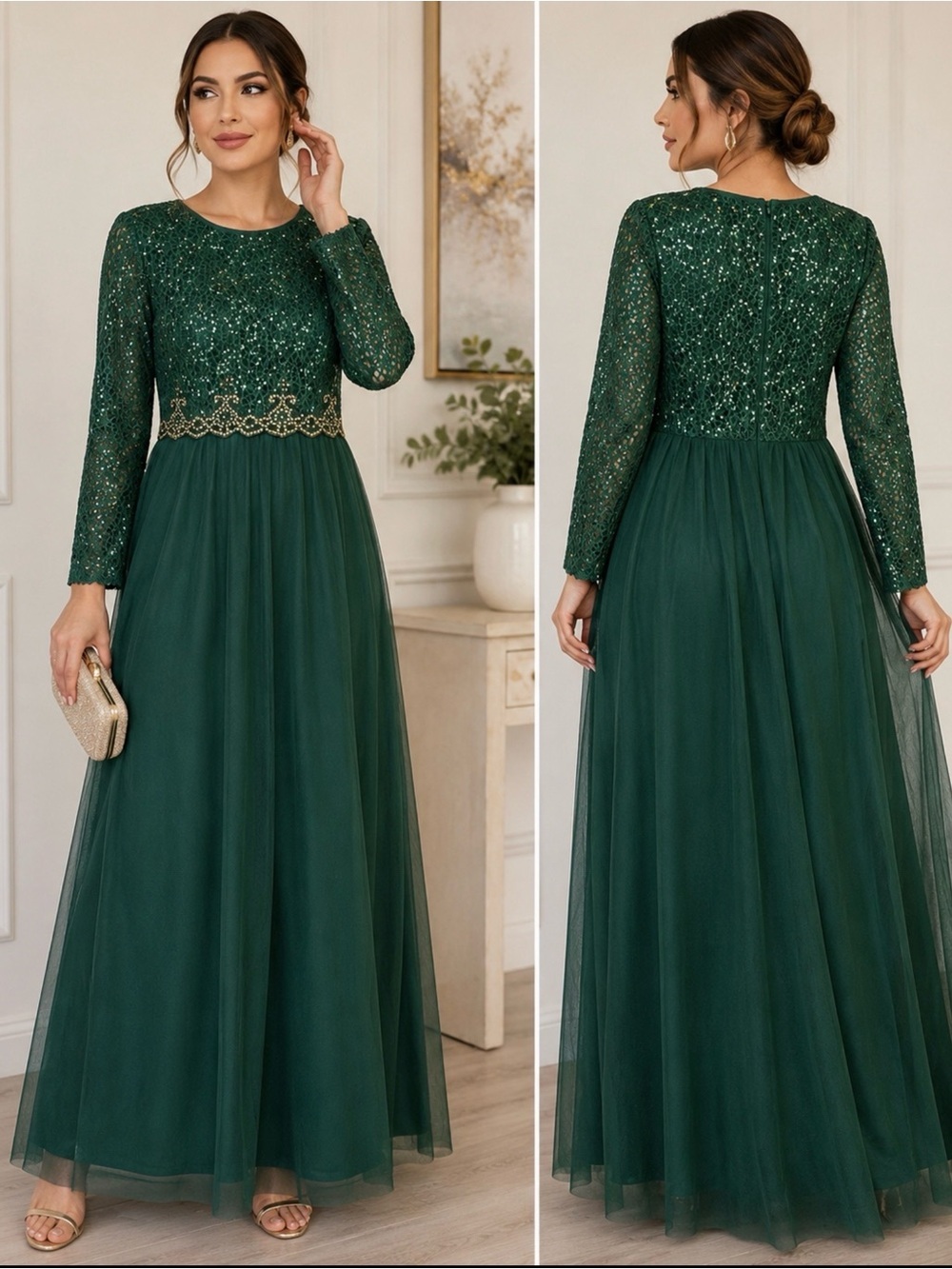 Ayse Melek Women’s Emerald Green Sequin Lace Maxi Evening Dress Size 44